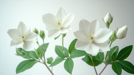 Fototapeta premium Minimalistic composition of delicate white dictamo flowers with buds and green leaves against a clean white background showcasing nature's beauty.