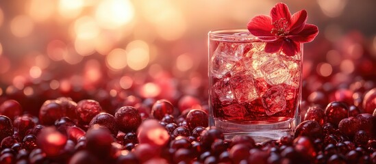 Romantic beverage with ice and flower garnish surrounded by decorative beads for Valentine's Day celebration ambiance