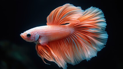 Obraz premium Vibrant Betta Fish with Flowing Fins in Dark Water Background Capturing the Grace and Beauty of Aquatic Life