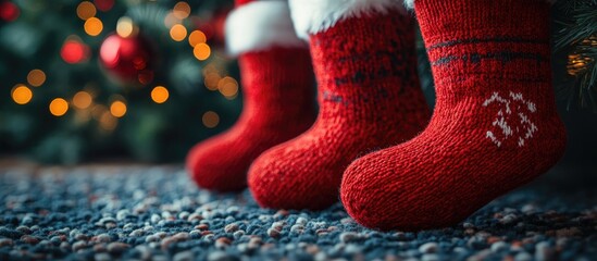 Christmas stockings hung by the tree with festive decorations and warm holiday lights creating a joyful atmosphere for the season