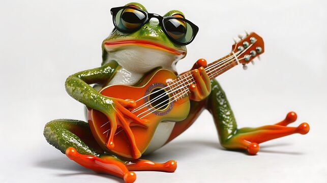 A funny frog playing the guitar, wearing sunglasses on a white background 