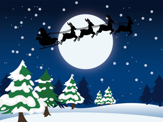 Santa Claus flying in his sleigh with reindeers. Winter landscape with snow, trees, Full moon background, with falling snows. Merry Christmas and Happy New Year. Vector illustration.