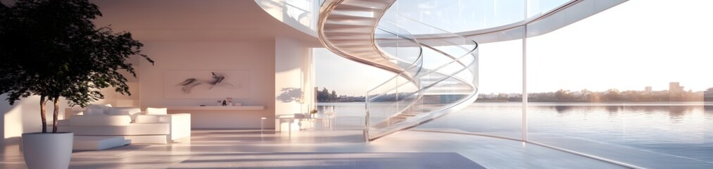 Modern interior with a spiral staircase and large windows overlooking a serene water view.