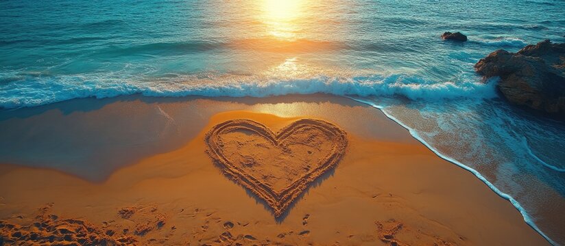Heart drawn in sand on beach at sunset aerial view symbolizing summer vacation romance and relaxation by the ocean shore