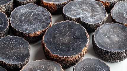 Sliced black truffles arranged on a clean white background showcasing their unique texture and color variations