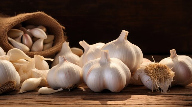 Fresh garlic bulbs and cloves scattered on a rustic wooden surface with a burlap sack in the background, showcasing natural culinary ingredients.