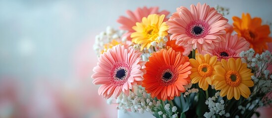 Vibrant spring flowers in an envelope on a pink backdrop symbolizing love and joy with a subtle white sheet for elegance and contrast