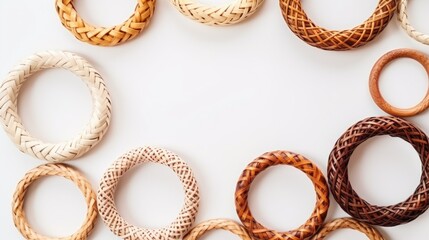 Fototapeta premium Wooden rattan ring accessories arranged in a circular pattern on a neutral background for crafting or decor inspiration