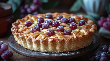 Rustic pie with golden crust and fresh grapes on a wooden table showcasing a warm, inviting dessert setting