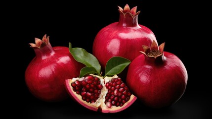 Vibrant pomegranates with open fruit and seeds displayed on a dark background showcasing their rich color and texture