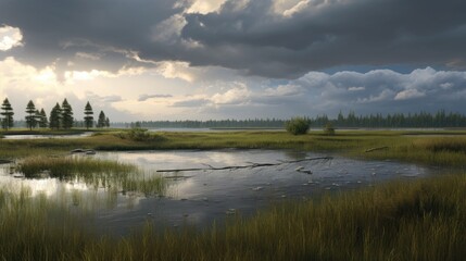 Naklejka premium Tranquil wetlands and lush meadows under a dramatic cloudy sky showcasing serene natural beauty and vibrant ecosystems