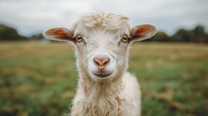 Obraz premium Portrait of a male goat in a lush green pasture showcasing serene farm life with ample copy space for text or branding purposes