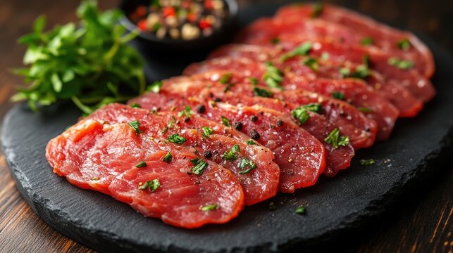 Sliced roast beef seasoned with black pepper and cumin on a stone platter garnished with herbs and spices