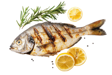 Top view Roasted Fish with lemon, rosemary, and pepper herbs isolated on background organic clean food for healthy.