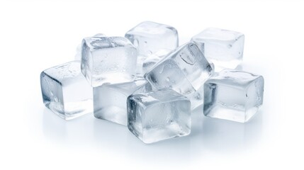 Fresh ice cubes arranged on a pristine white background showcasing clarity and texture in a minimalist style for food and beverage presentations