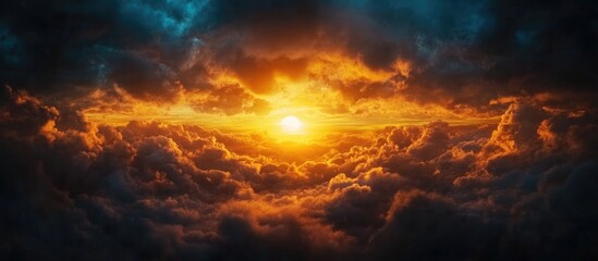 Aerial view of a stunning sunset through an airplane window showcasing vibrant clouds and the horizon in a serene natural landscape.