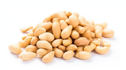 Obraz premium Raw unshelled peanuts piled on a clean white background showcasing their natural texture and earthy color for culinary or nutritional purposes