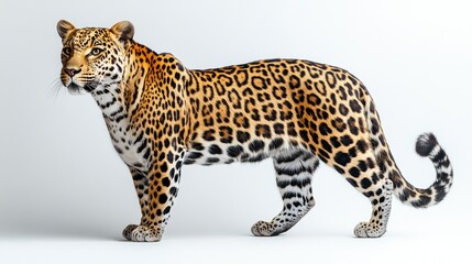 Naklejka premium Leopard portrait standing gracefully on a white background showcasing its majestic features and vibrant coat patterns