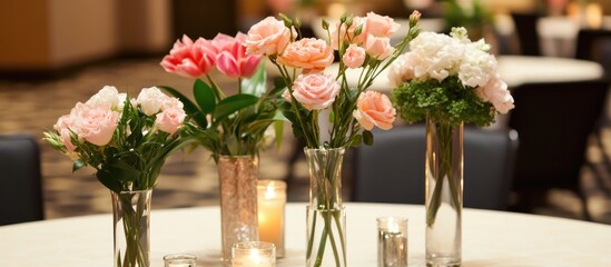 Elegant floral arrangements of pink and white roses and assorted blooms in clear vases on a festive banquet table with soft candlelight