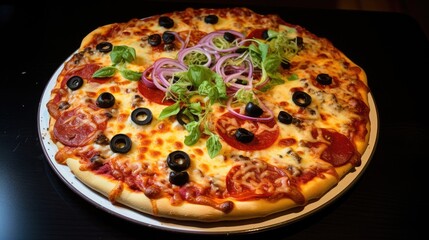 Delicious freshly baked pizza with toppings of pepperoni, olives, onions, and herbs on a silver platter ready to serve