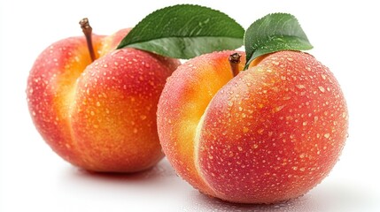Fresh ripe peaches with water droplets and green leaves on a white background highlighting natural textures and vibrant colors of fruit.