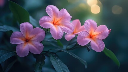 Vibrant rubber vine flowers Allamanda blanchetii blooming gracefully in a serene garden setting with soft lighting and lush greenery.
