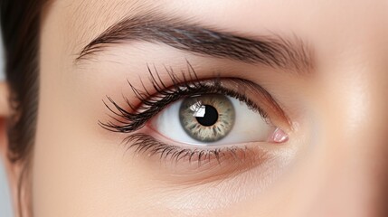 Obraz premium Close-up of a woman's eye showcasing cosmetic details and healthy skin against a white background highlighting beauty and skincare.