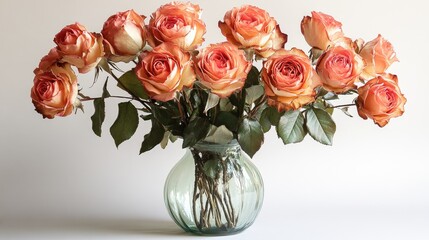 Obraz premium Elegant glass vase filled with vibrant orange and cream roses showcasing their beauty against a soft neutral background.
