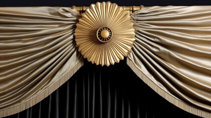 Elegant metal cornice with pleated fabric curtain and ornate finials enhancing luxurious interior decor.