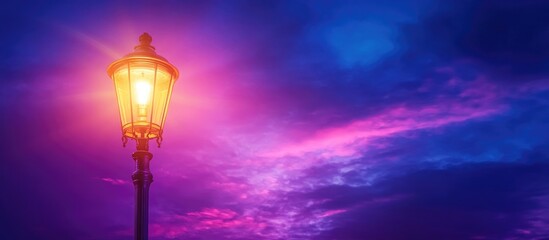 Urban street lamp illuminated at dusk with vibrant blue and pink sky showcasing city aesthetics and atmospheric lighting effects.