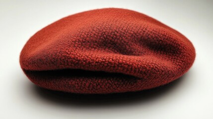 Red beret hat displayed on a white background showcasing stylish female headwear accessory for fashion and costume imagery