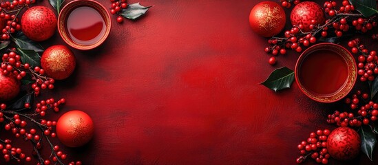 Lunar New Year festive backdrop featuring red decorations holly and traditional elements creating a vibrant space for celebration