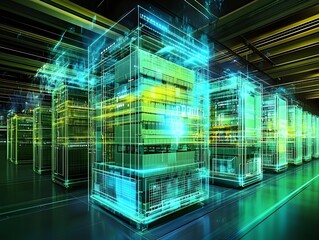 Futuristic data center with illuminated server racks and digital interfaces.