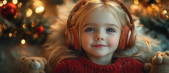 Joyful girl in fur headphones surrounded by Christmas decorations and teddy bears, radiating happiness in a festive red outfit.