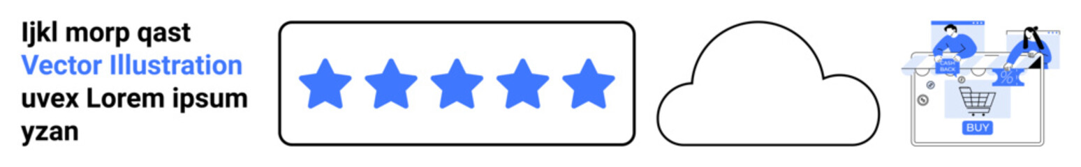 Obraz premium Customer review stars, cloud storage symbol, and online shopping concept with human characters and shopping cart. Ideal for e-commerce, online feedback, user experience design, digital storage