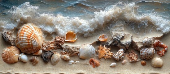 Seaside Landscape with Various Shells and Rocks on Sandy Beach Shoreline Under Gentle Ocean Waves