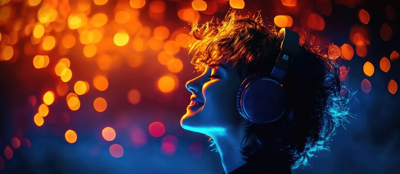 Joyful woman enjoying music with blue headphones illuminated by vibrant lights, capturing the essence of personal expression and happiness.