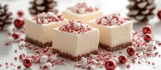 Christmas dessert with marshmallows and peppermint sprinkles surrounded by pine cones and festive ornaments on a white background