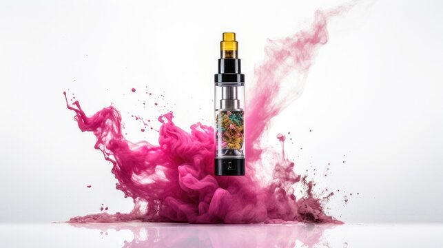 Modern vape mod with colorful vapor and dynamic splash on a white background showcasing contemporary vaping culture and product design.