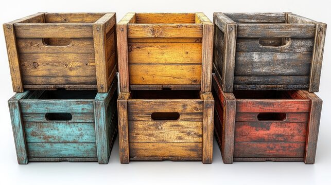 Colorful wooden crates stacked artistically on a white background showcasing rustic textures and vibrant colors for design versatility