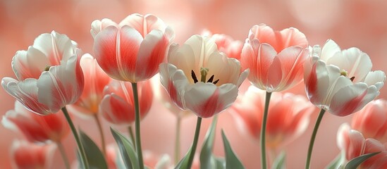 Delicate pink and white tulips with soft background creating a serene spring floral atmosphere