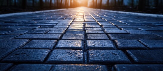 Paving stones arranged on a wet sidewalk at sunset showcasing construction and renovation of pedestrian walkways in an urban environment