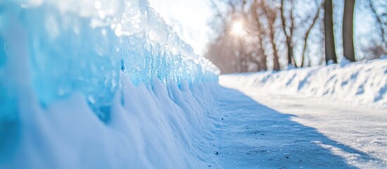 Obraz premium Crystalline ice formations glistening on a snowy walkway surrounded by trees in a serene winter landscape
