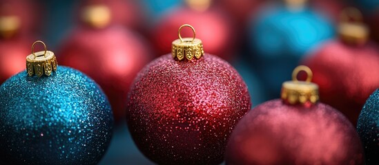 Vibrant close up of glittering Christmas baubles in red and blue colors for festive holiday decorations and celebrations