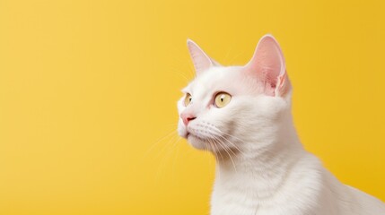 White cat portrait with yellow background highlighting its features in studio setting