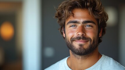 Young man with a beard smiling warmly looking at the camera against a neutral background in a relaxed and casual setting