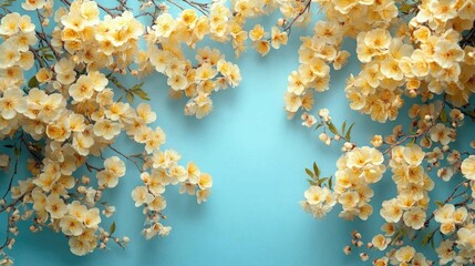 Blossoming acacia branches with yellow flowers and green leaves on a vibrant blue background in a harmonious floral composition