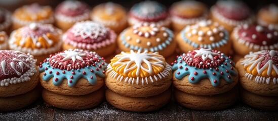 Colorful Handmade Gingerbread Cookies Decorated for Christmas Celebrations with Icing and Sprinkles on a Rustic Wooden Table