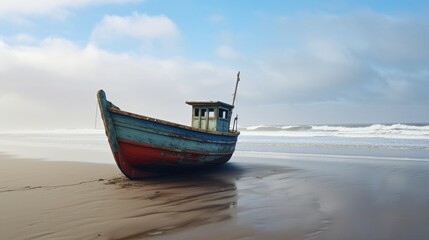 Naklejka premium Abandoned fishing boat stranded on sandy beach with gentle waves and cloudy sky in the background