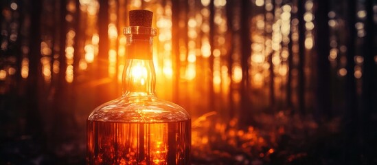 Forest moonshine distillery capturing the essence of illicit distillation methods in a tranquil woodland setting at sunset